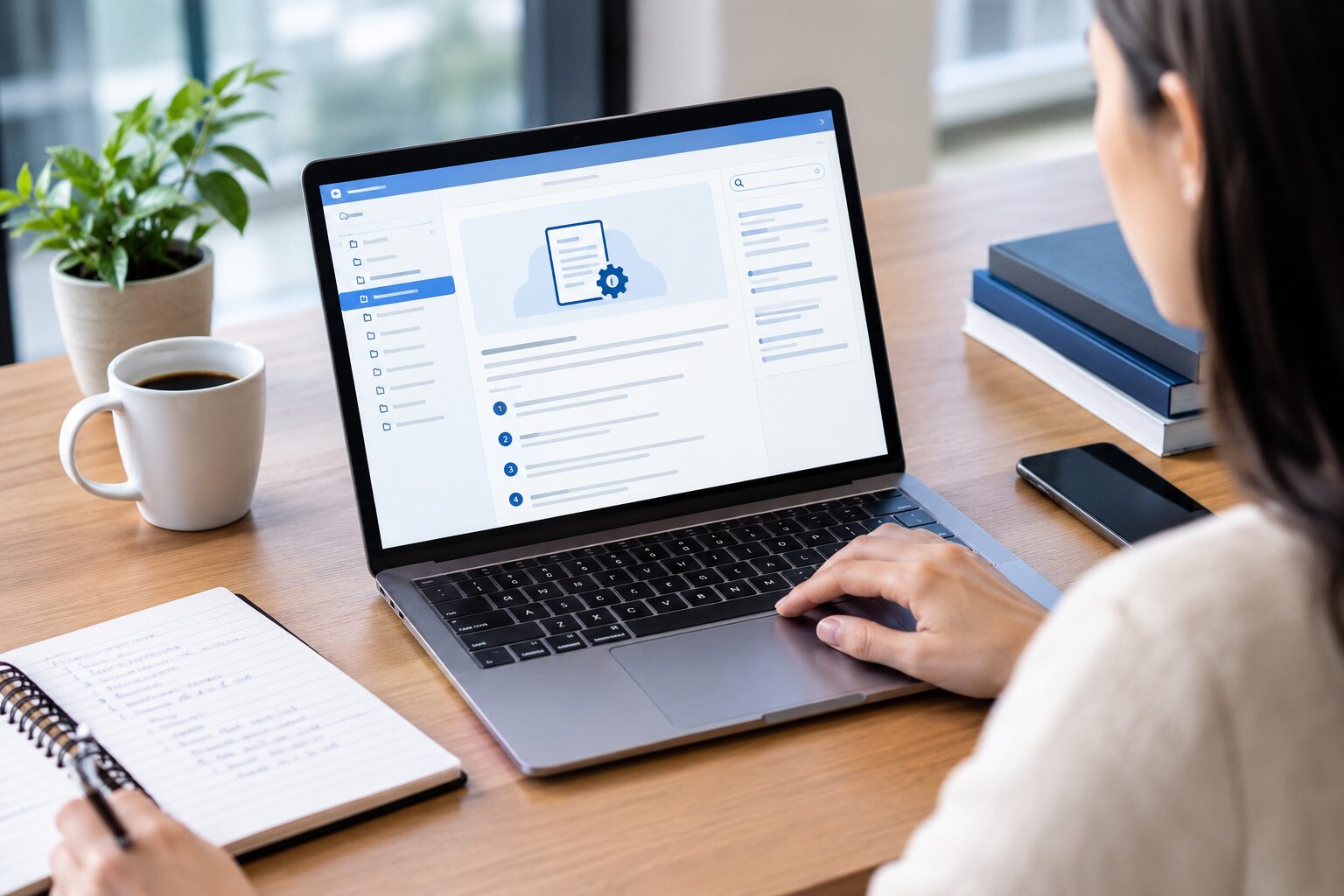 Professional technical writer using a laptop to review digital documentation in a modern office.