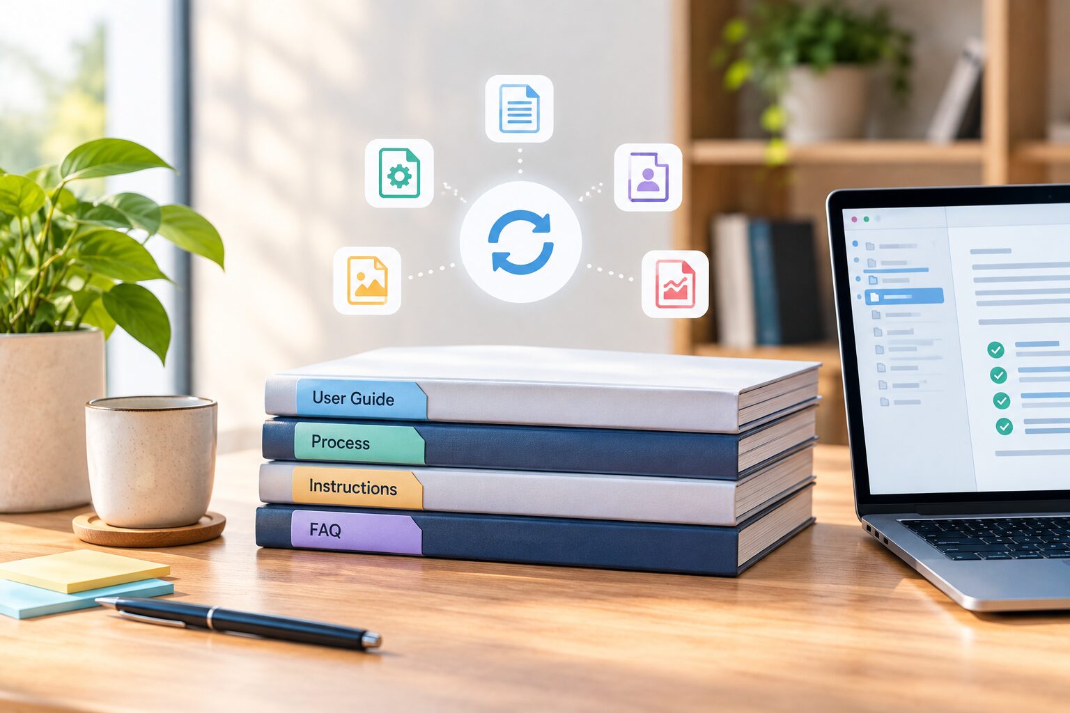 Creative modern workspace with organized manuals, digital document icons, and a laptop representing an organized documentation workflow.