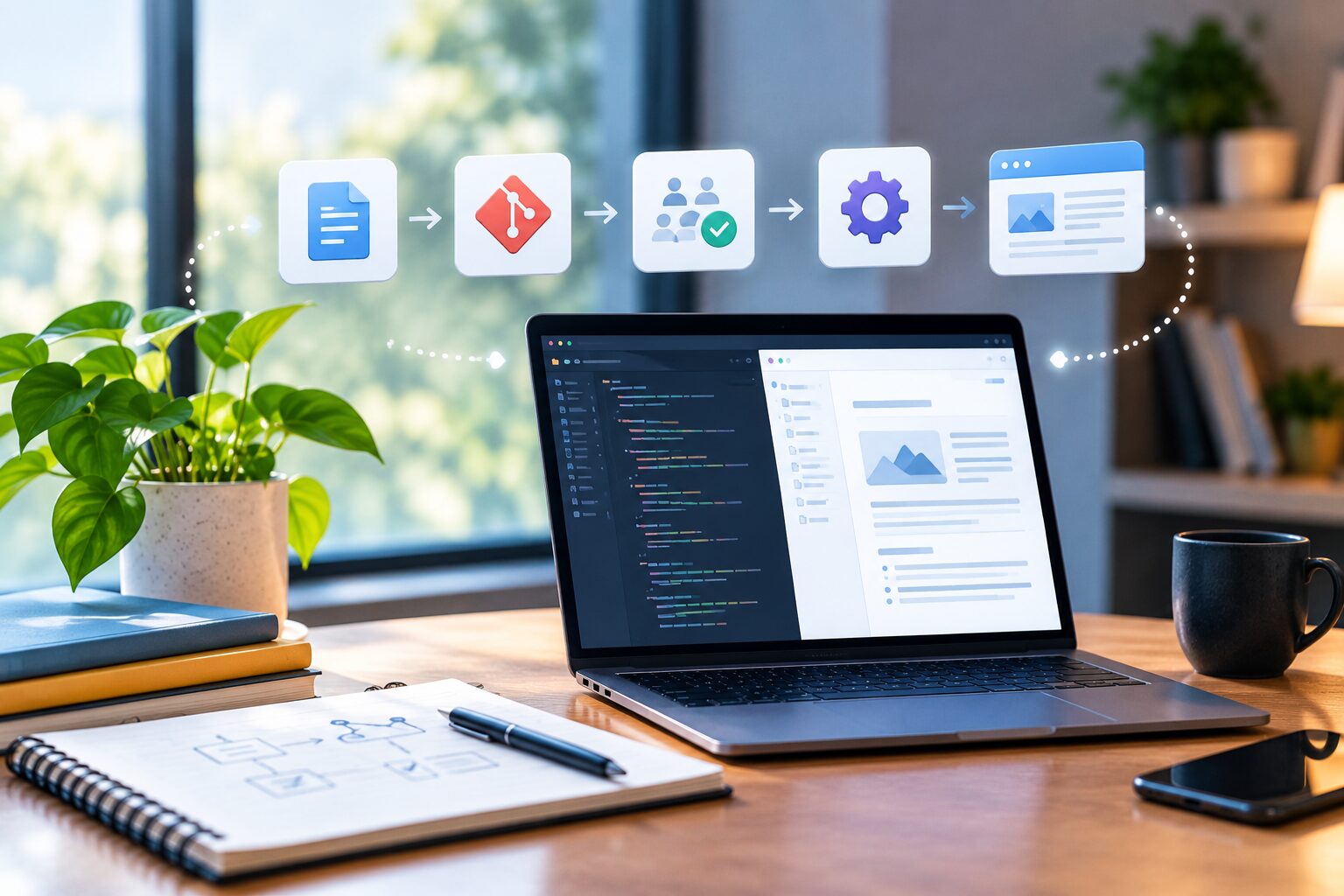 Modern workspace featuring a laptop with code and documentation interfaces, surrounded by connected workflow icons representing a structured digital documentation process.