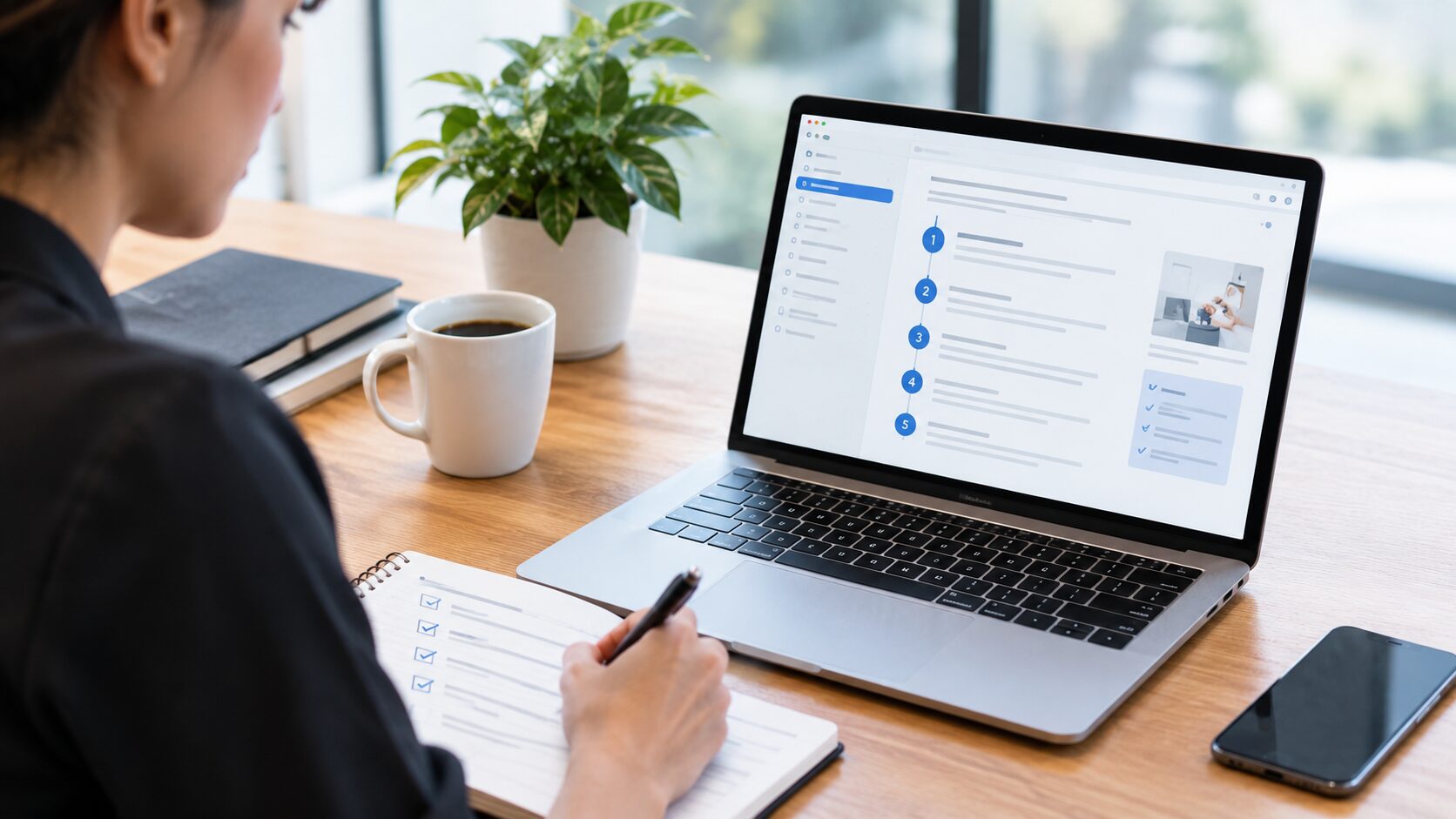 Employee following a step-by-step SOP on a laptop in a modern office.