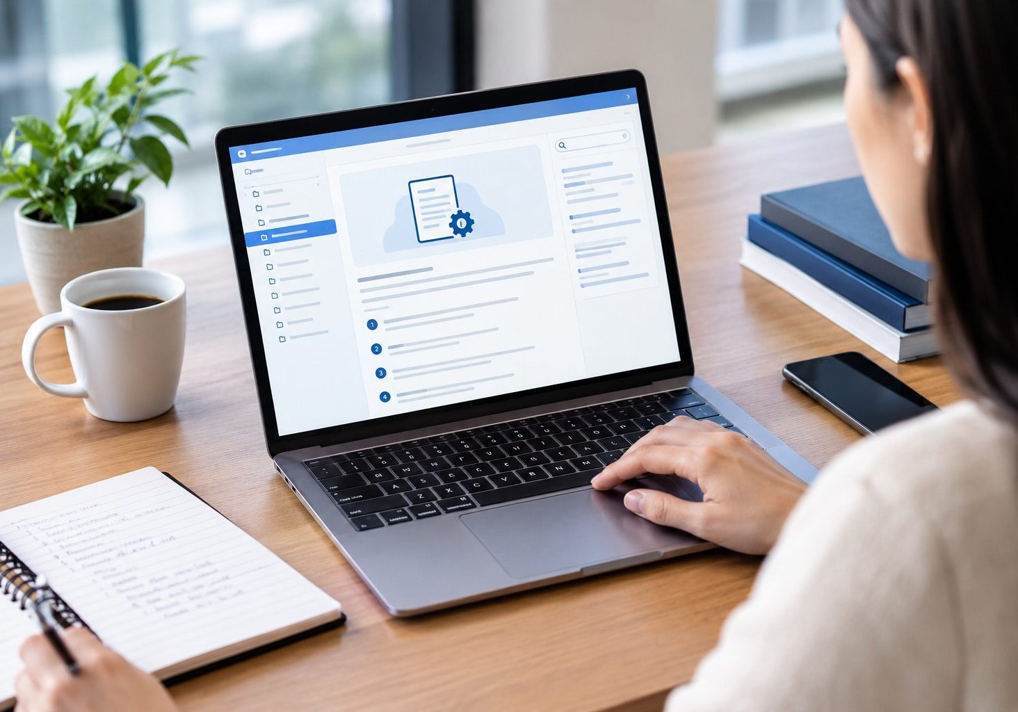 Professional technical writer using a laptop to review digital documentation in a modern office.