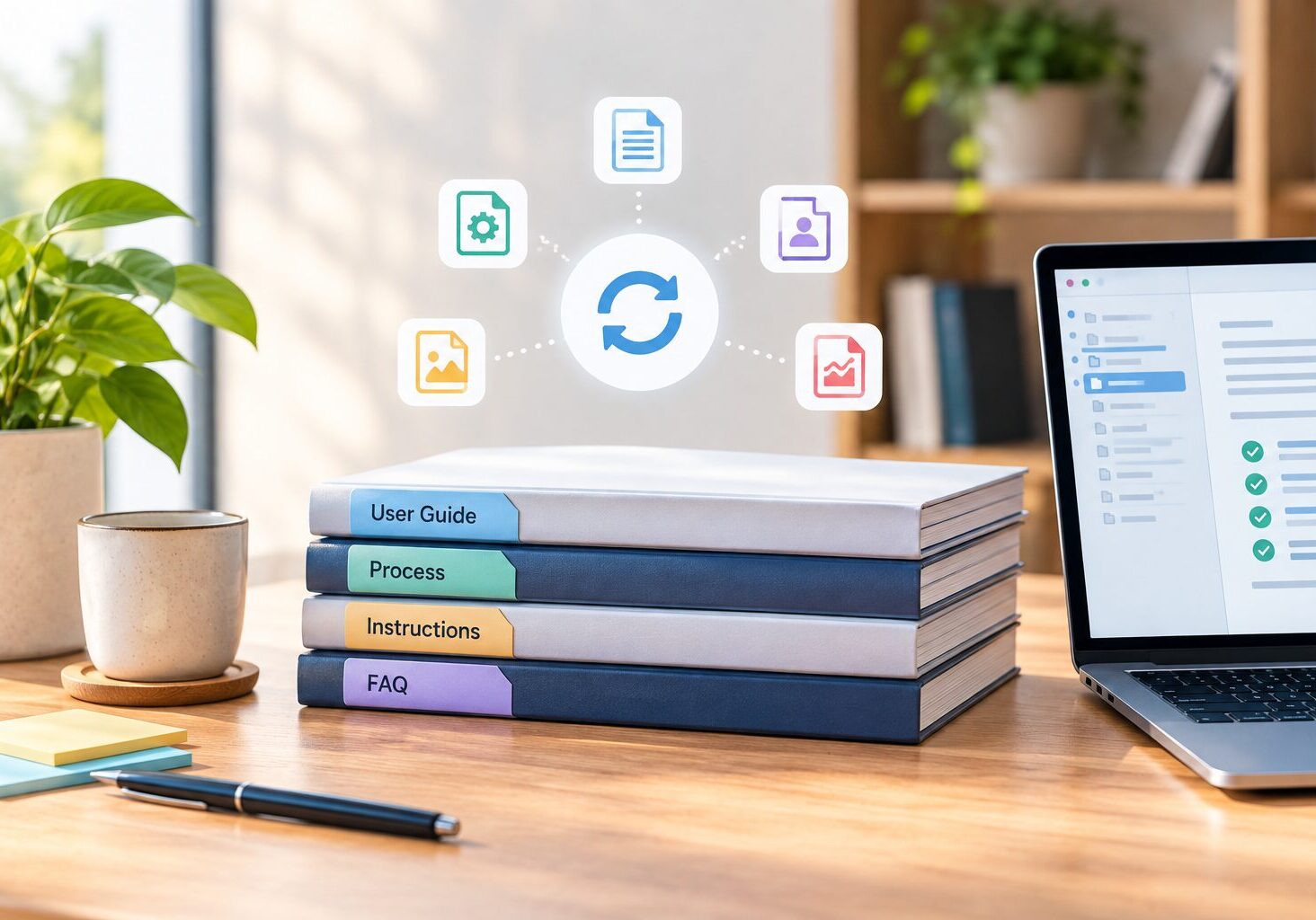 Creative modern workspace with organized manuals, digital document icons, and a laptop representing an organized documentation workflow.
