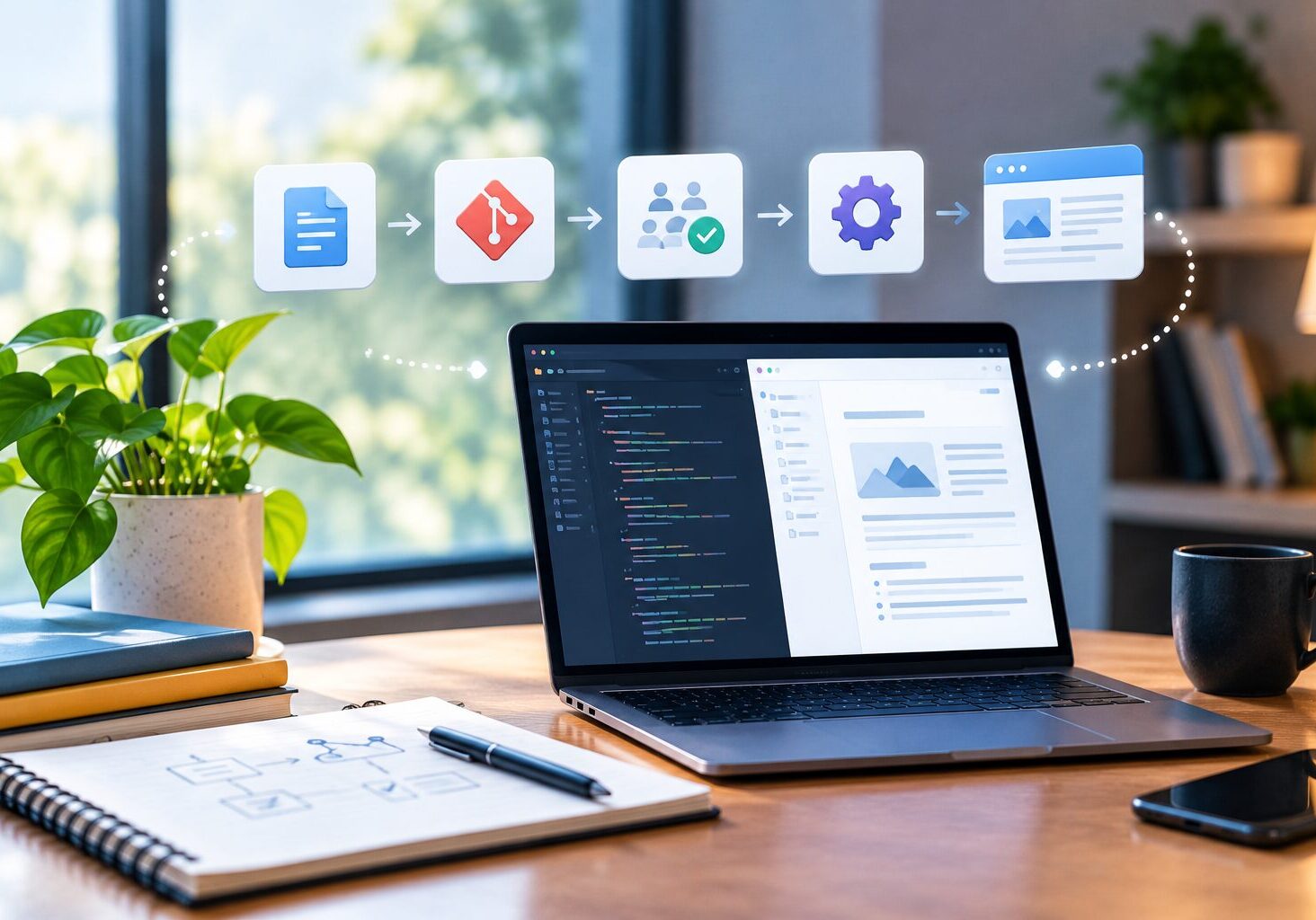 Modern workspace featuring a laptop with code and documentation interfaces, surrounded by connected workflow icons representing a structured digital documentation process.