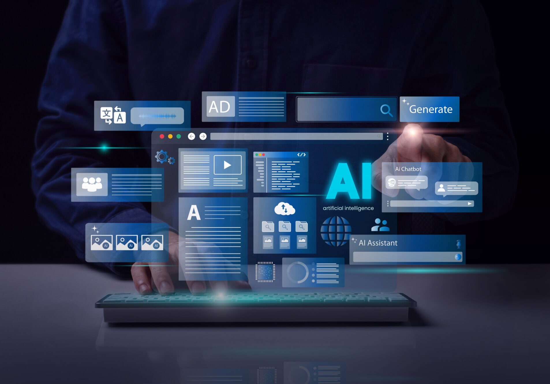 Artificial Intelligence Content Generator. A man uses a laptop to interact with AI assistant. AI offers functions like chatbot, generate images, write code, writer bot, translate and advertising.