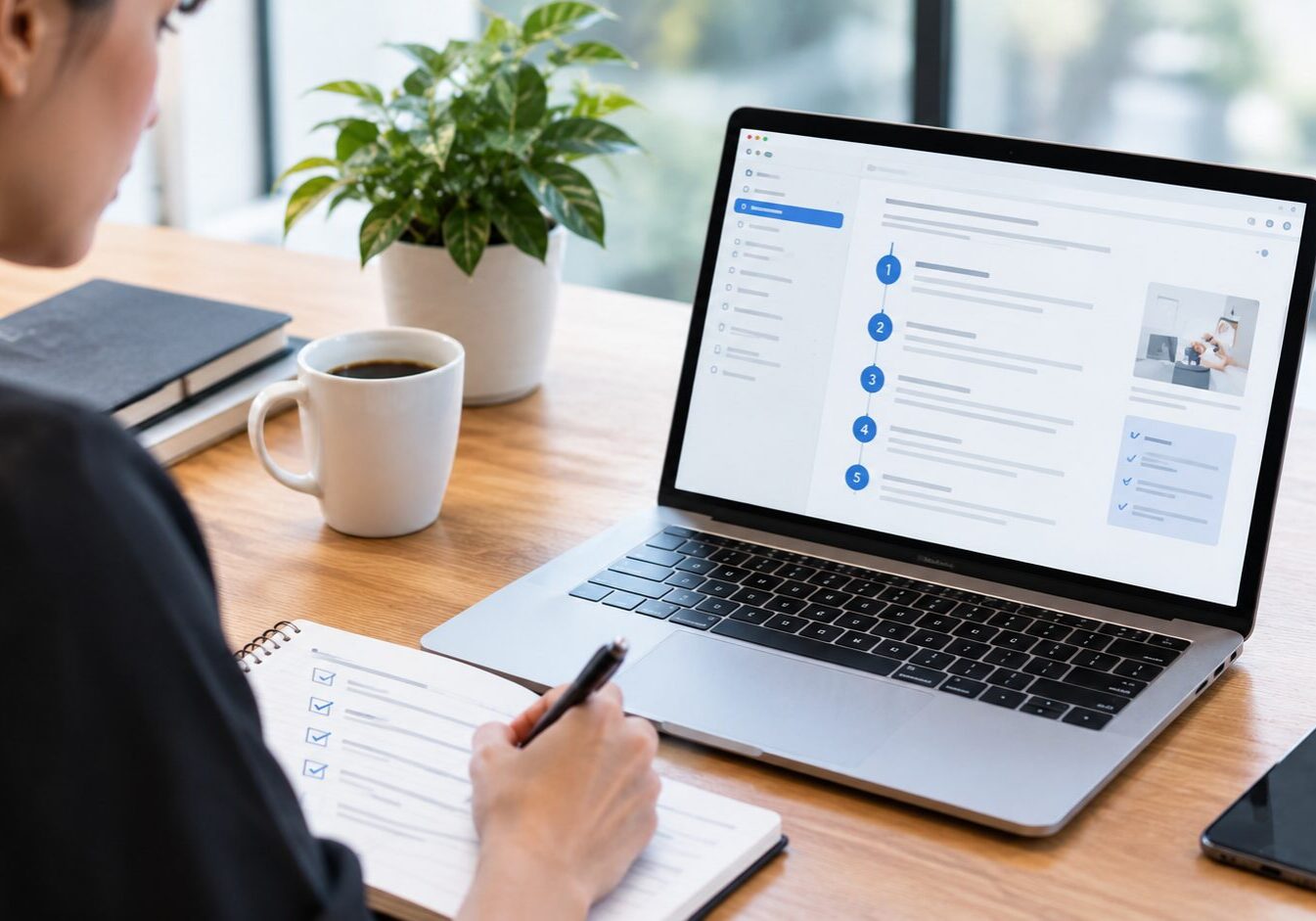 Employee following a step-by-step SOP on a laptop in a modern office.